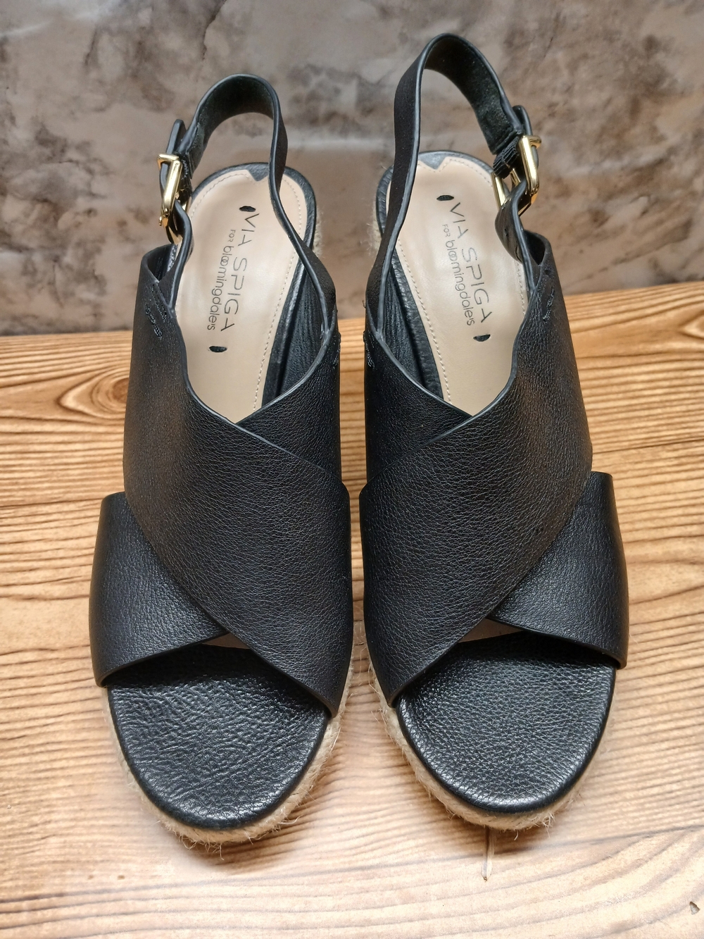 Via Spiga Black Leather Espadrille Wedge Sandals